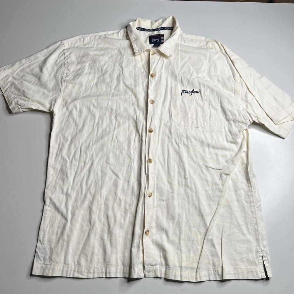 Phat Farm Shirt Mens 2XL White‎ Cotton Linen Short Sleeve Button Up Logo Casual